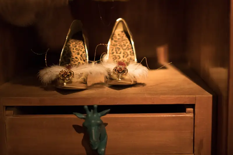 Scarpe leopardate su un mobile di legno