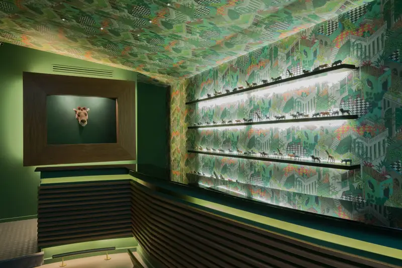 La vetrina illuminata con la carta da parati tropicale